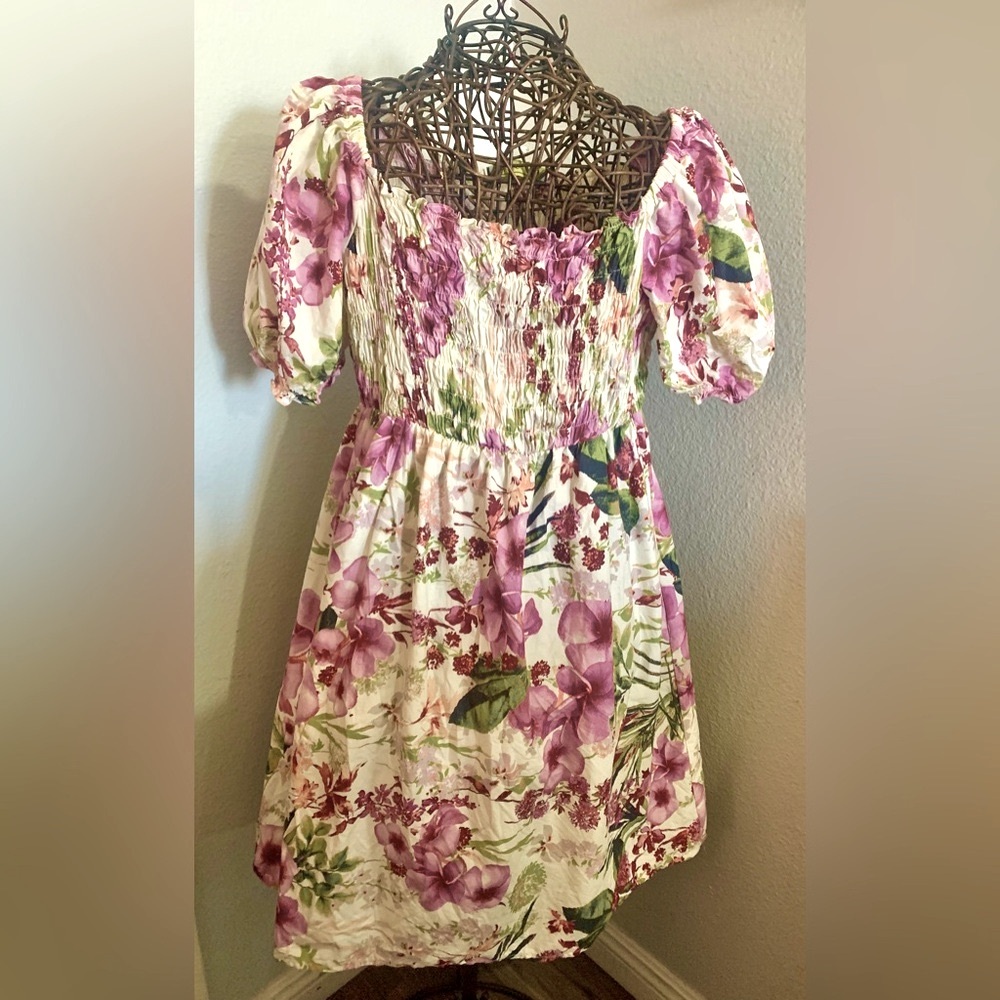 Melonie Women's Purple Smocked Off The Shoulders Floral Dress. Size L SKU 330